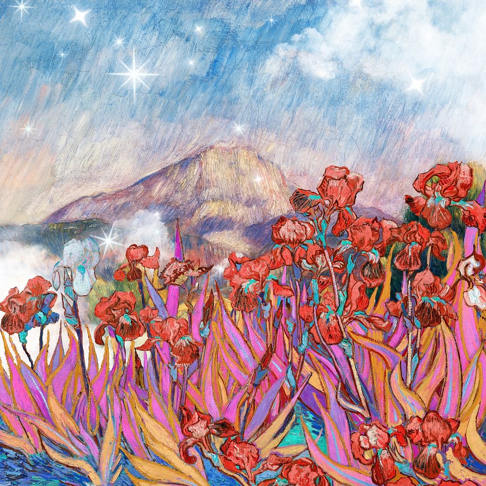 Van Gogh's Irises border background, vintage painting.  Remixed by rawpixel