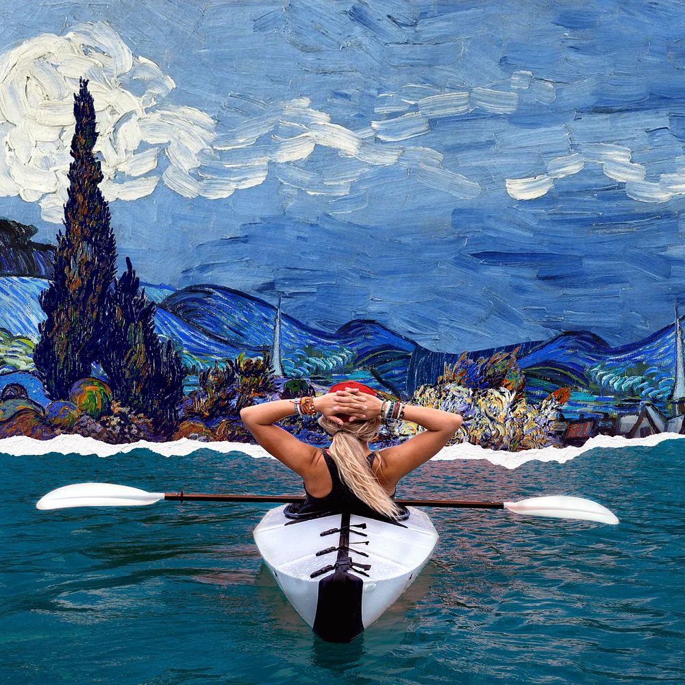Kayaking woman, Van Gogh's art remix. Remixed by rawpixel.