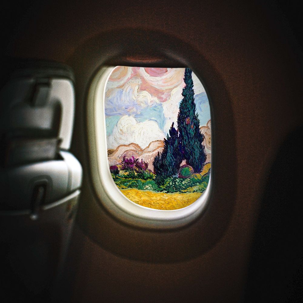 Plane window, Van Gogh's landscape art remix. Remixed by rawpixel.