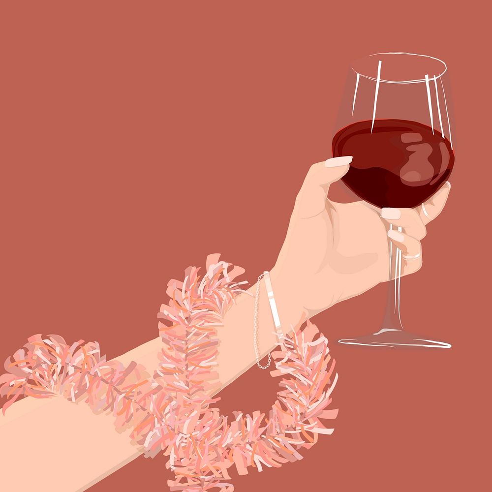 Festive wine glass & hand background, luxury aesthetic illustration