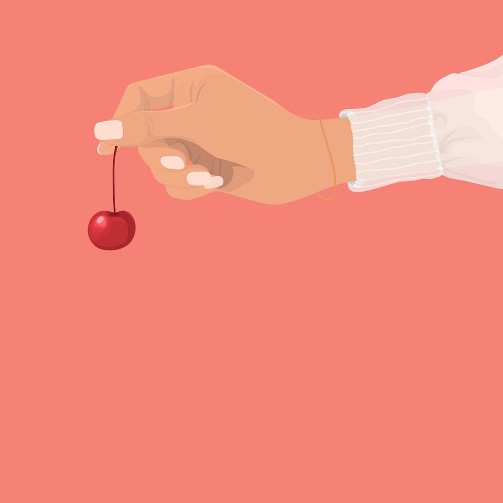 Hand holding cherry, aesthetic background, feminine illustration