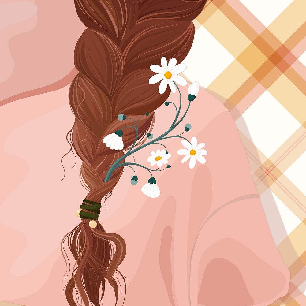 Daisy in hair, checkered background, aesthetic lifestyle illustration