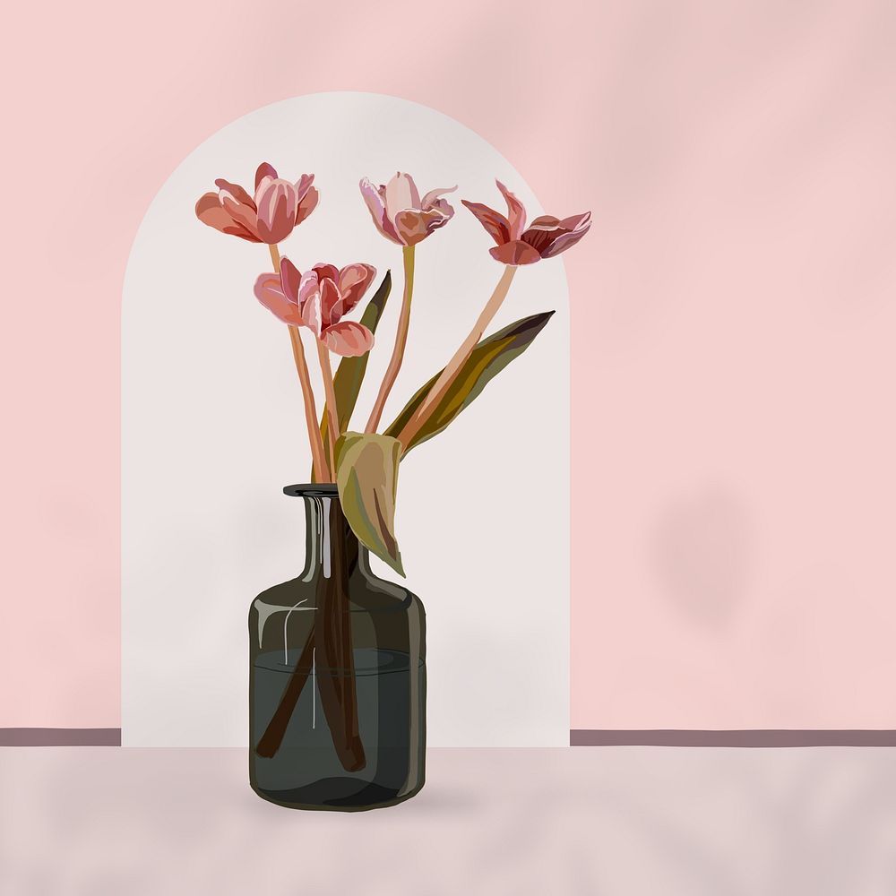 Aesthetic flower vase, pink background, feminine illustration