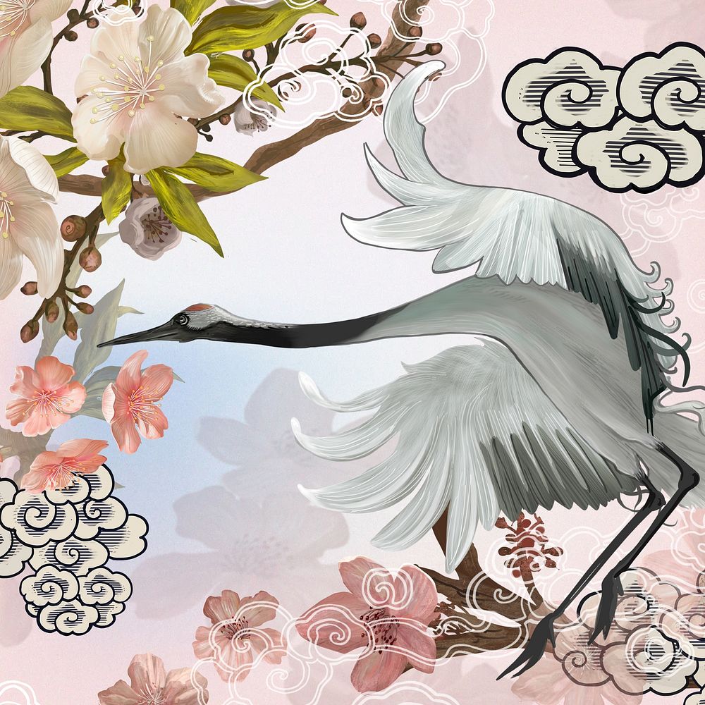 Japanese crane bird, sakura aesthetic illustration