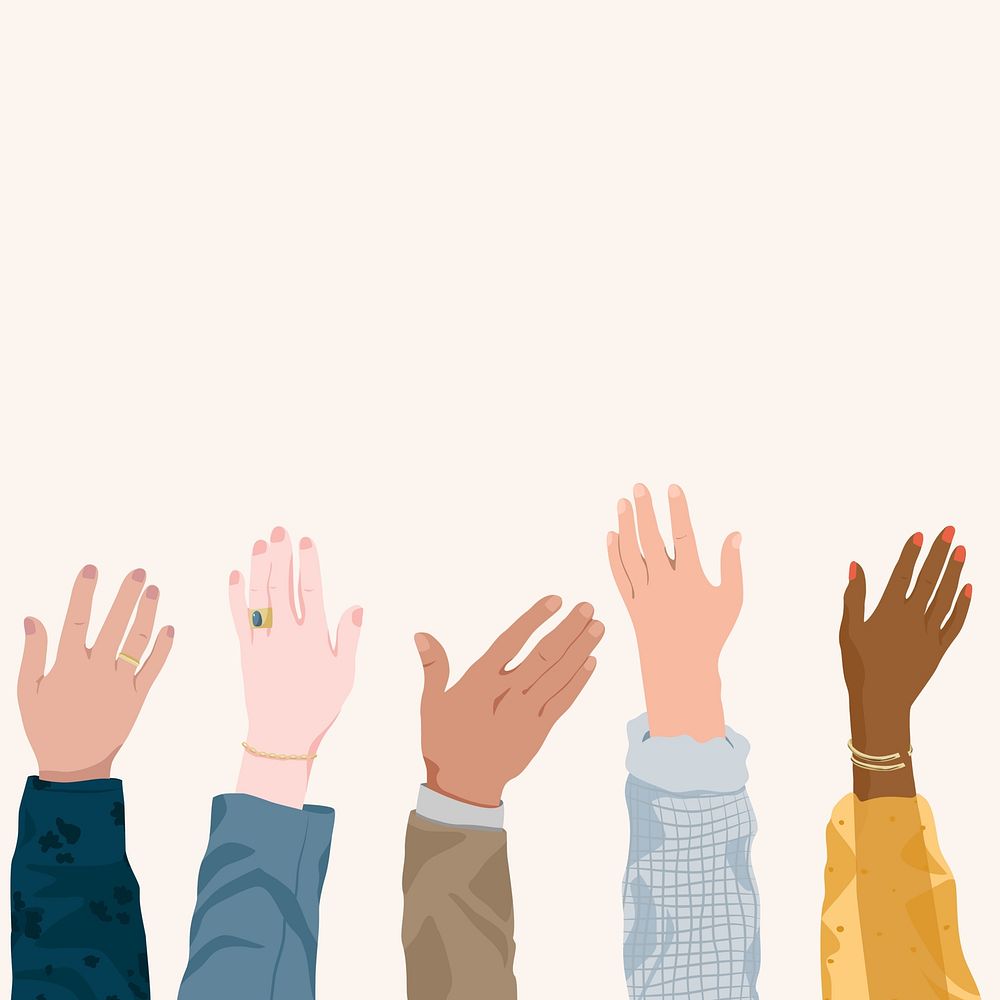 Diverse hands raising background, vector illustration