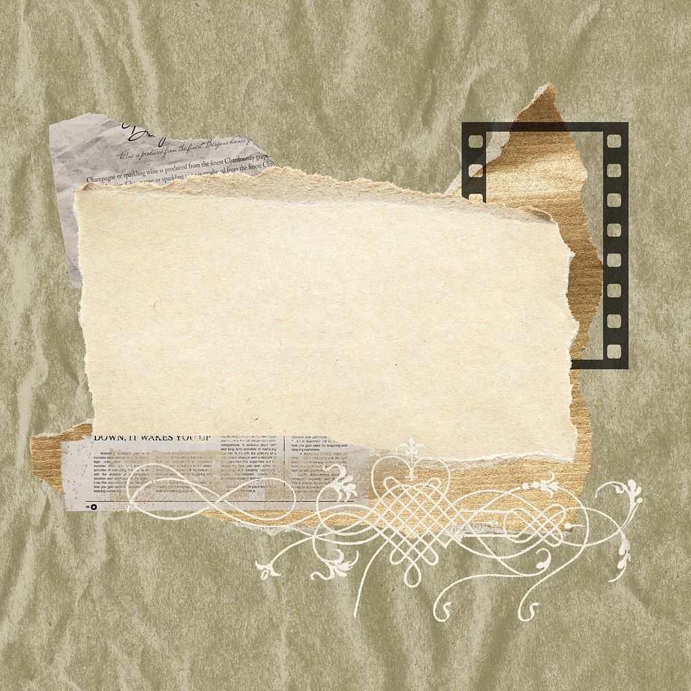 Ripped beige ephemera paper collage, vintage design