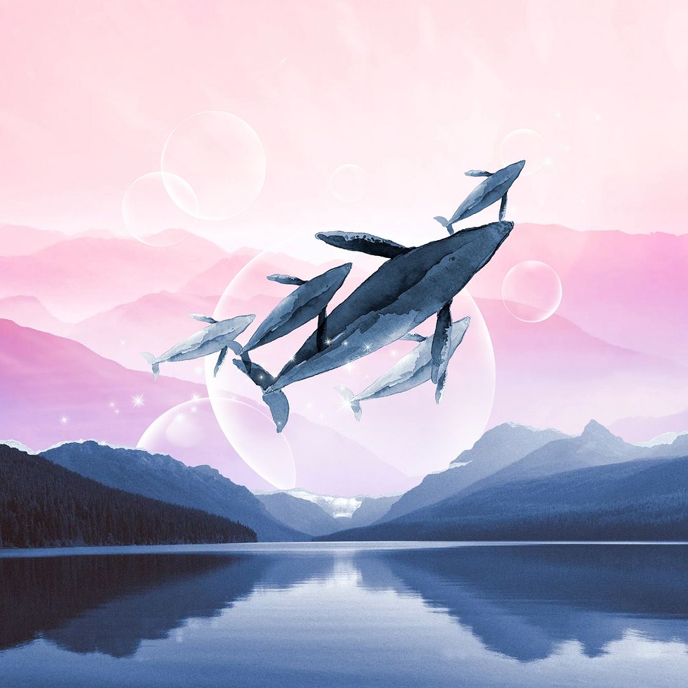 Flying whale watercolor background, nature aesthetic illustration
