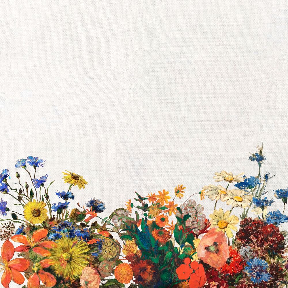 Flower border beige background, Odilon Redon-inspired vintage floral illustration, remixed by rawpixel