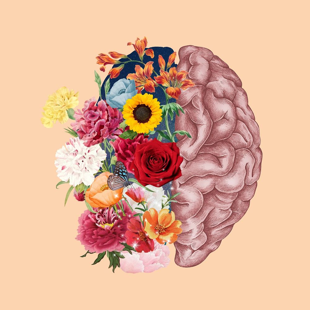 Floral human brain, surreal mental health remix