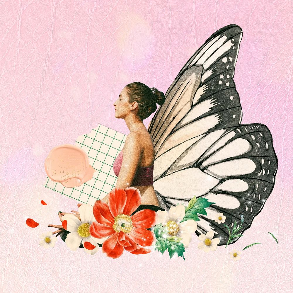 Surreal butterfly-winged woman, aesthetic floral remix