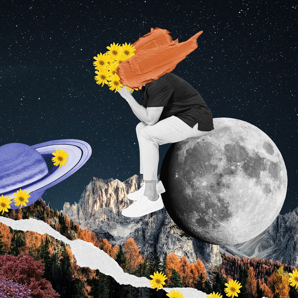Moon collage art, surreal escapism remix