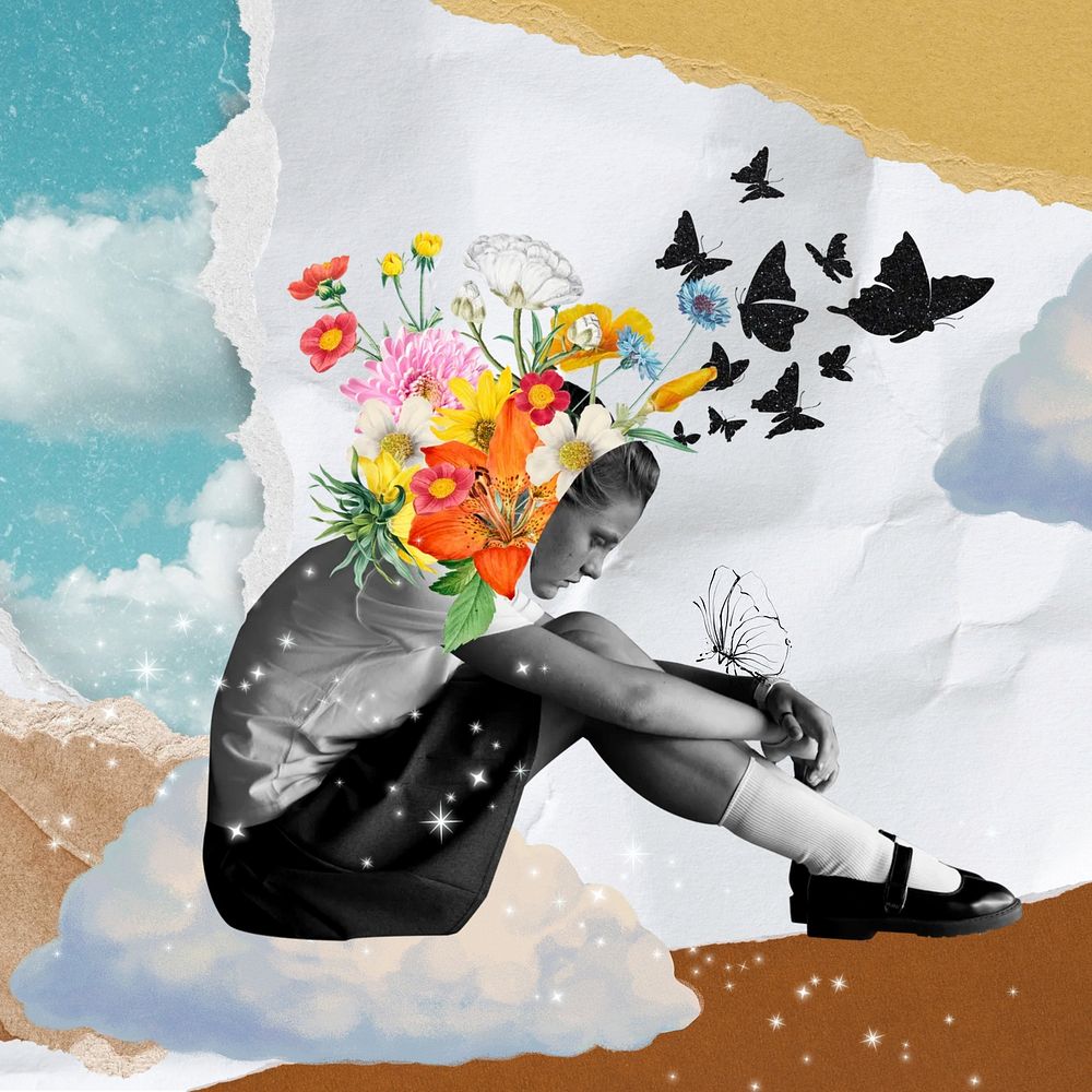Student's mental health, surreal collage art