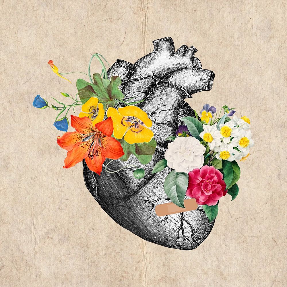 Floral human heart, surreal health collage art