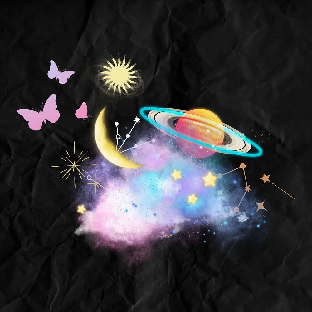 Galaxy & butterfly, surreal space collage art