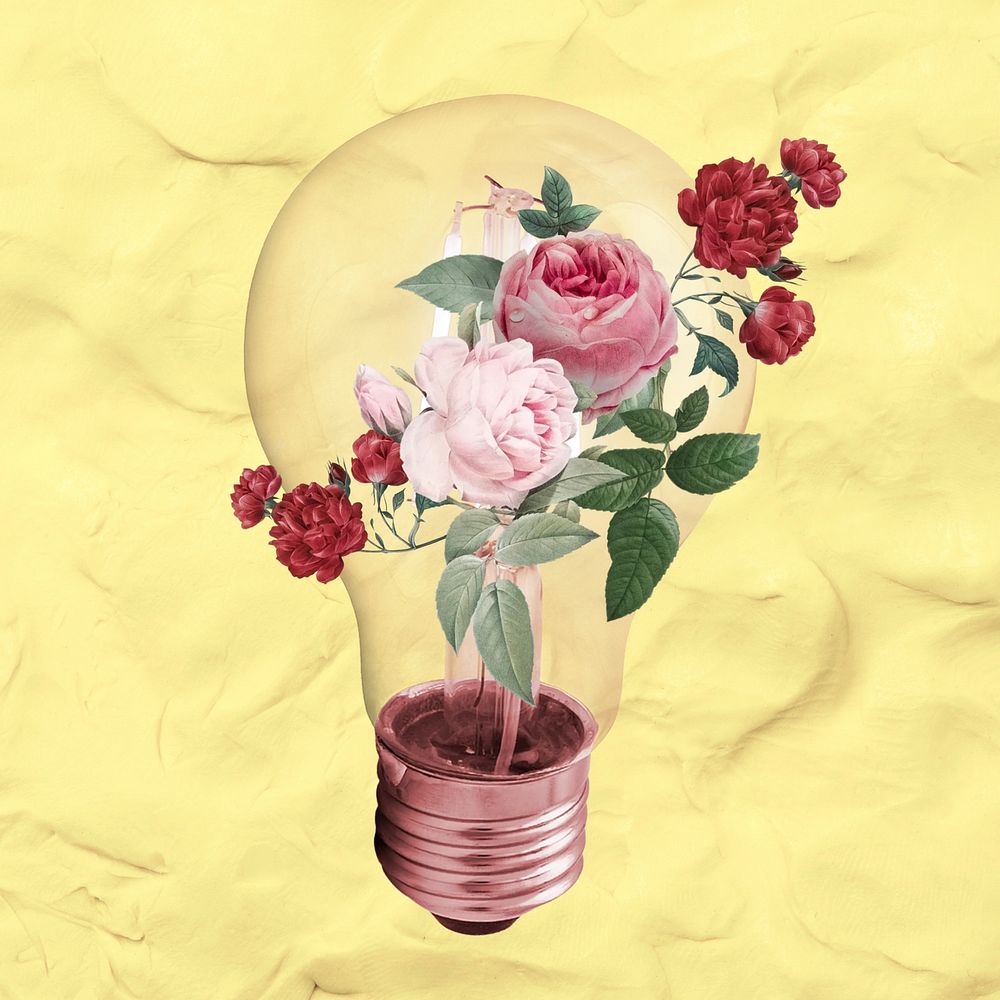 Roses growing in light bulb, surreal collage art