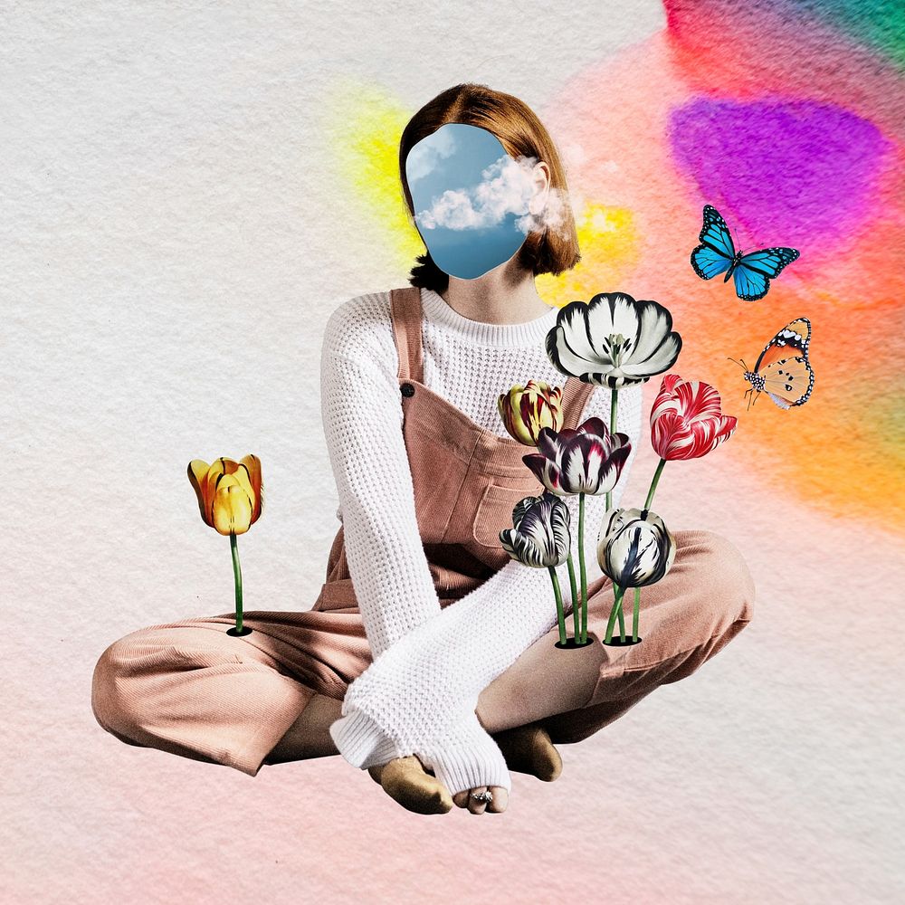 Faceless woman with flowers, surreal collage art