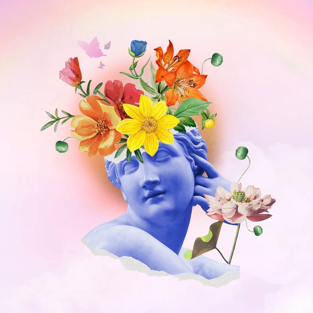 Floral head statue, surreal mental health remix