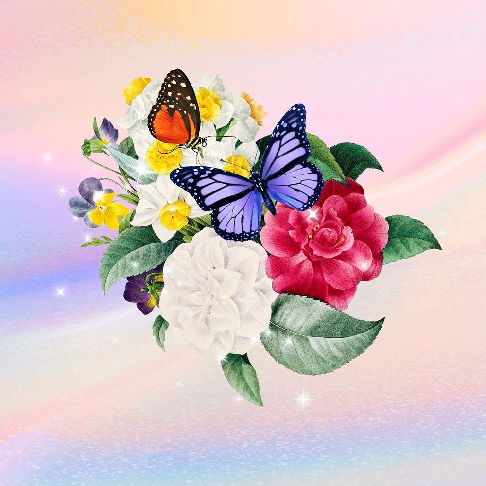 Colorful butterfly and flowers, aesthetic remix
