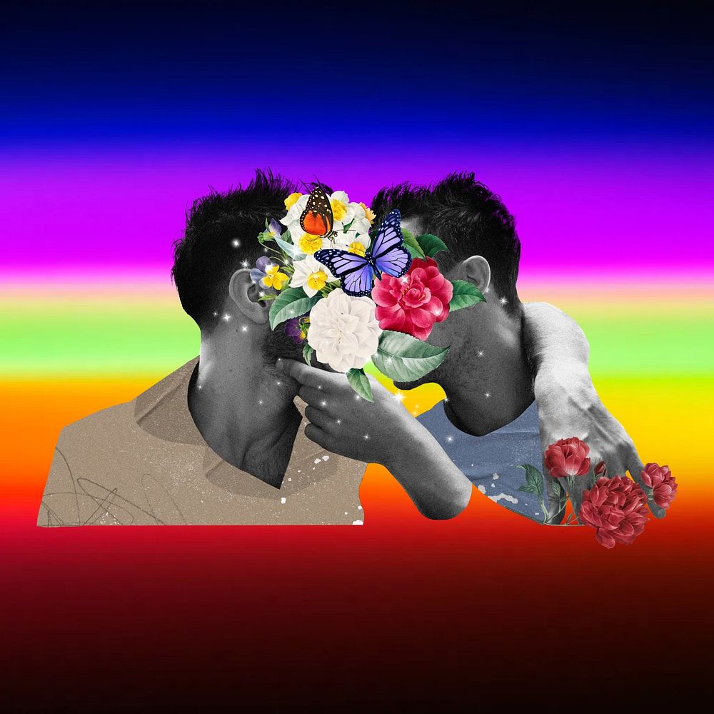Gay couple kissing, surreal LGBTQ remix