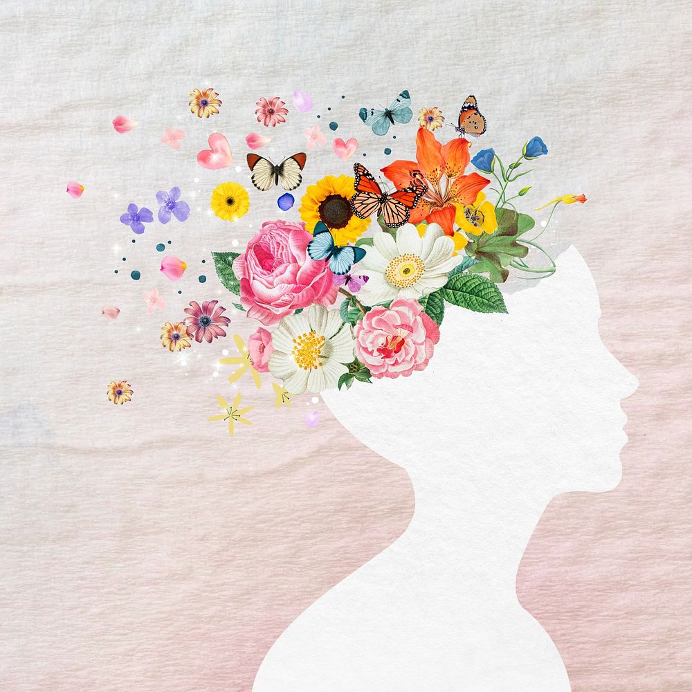 Flower head silhouette, surreal mental health remix