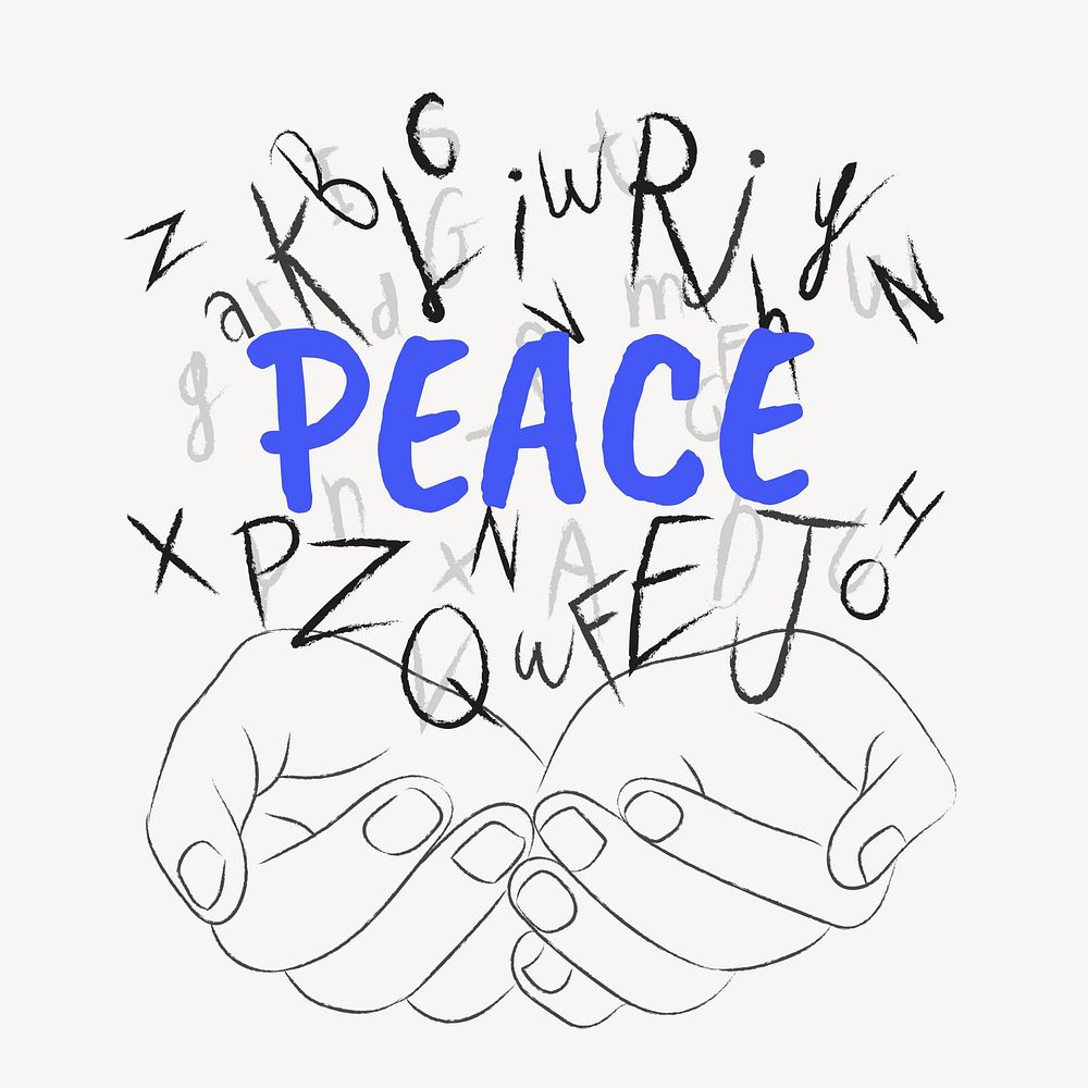Peace word typography, hands cupping alphabet letters