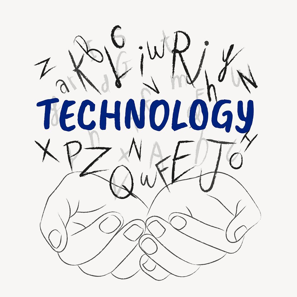 Technology word typography, hands cupping alphabet letters