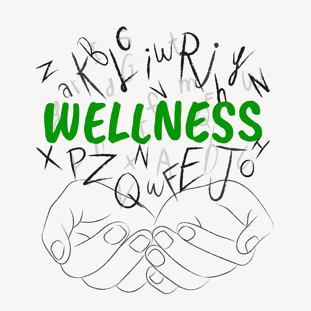 Wellness word typography, hands cupping alphabet letters
