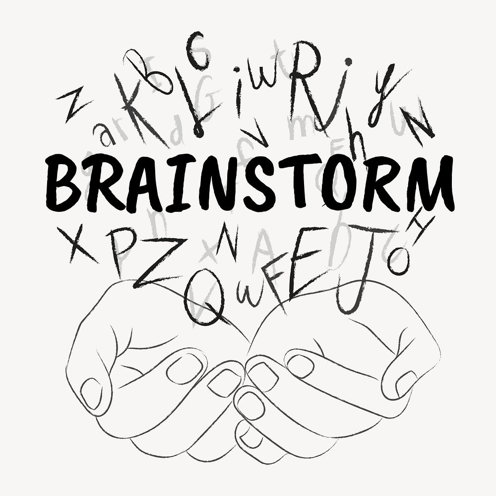 Brainstorm word typography, hands cupping alphabet letters