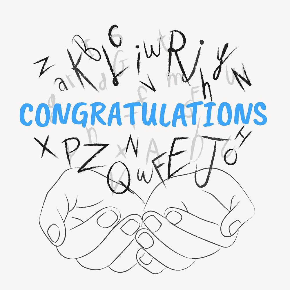 Congratulations word typography, hands cupping alphabet letters