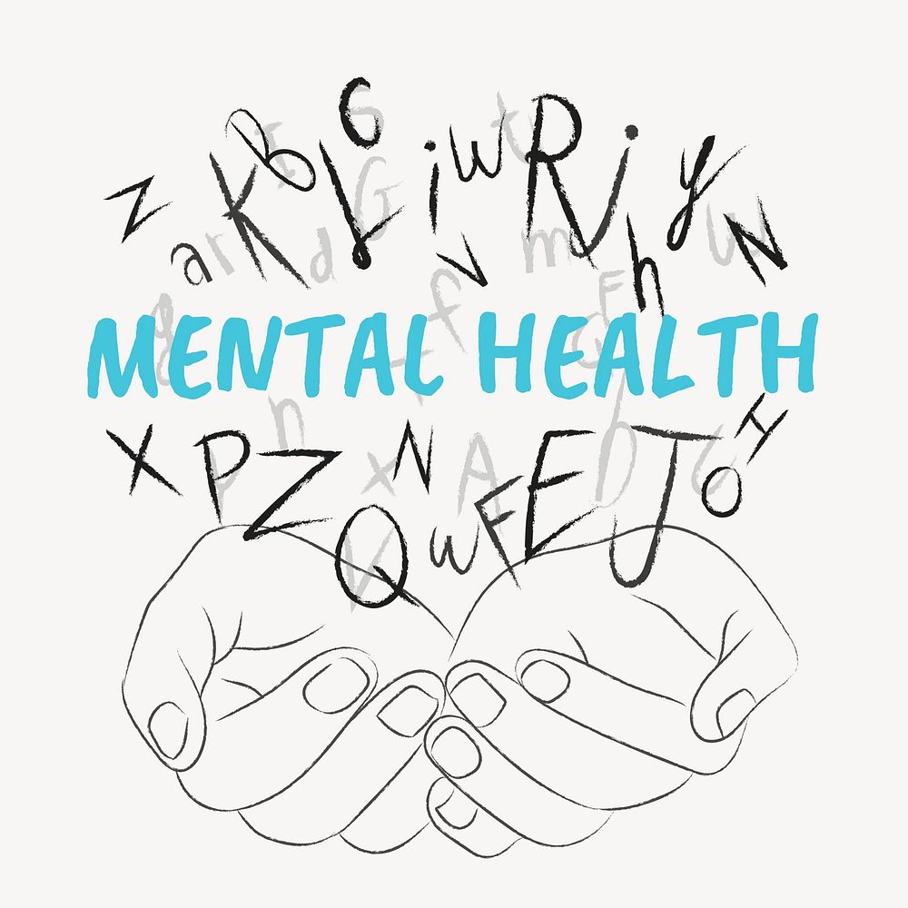 Mental health words typography, hands cupping alphabet letters