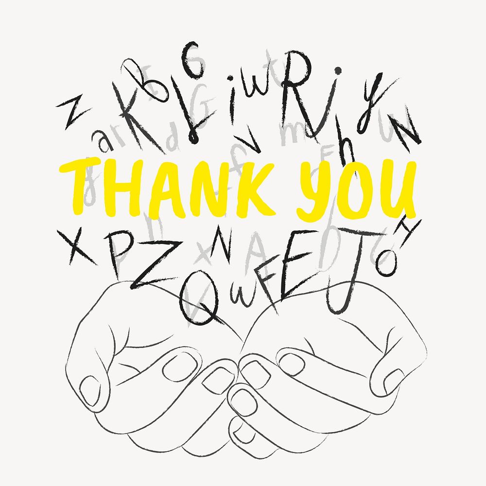 Thank you words typography, hands cupping alphabet letters