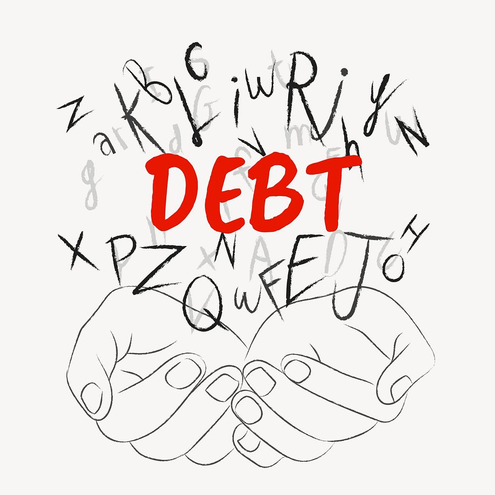 Debt word typography, hands cupping alphabet letters
