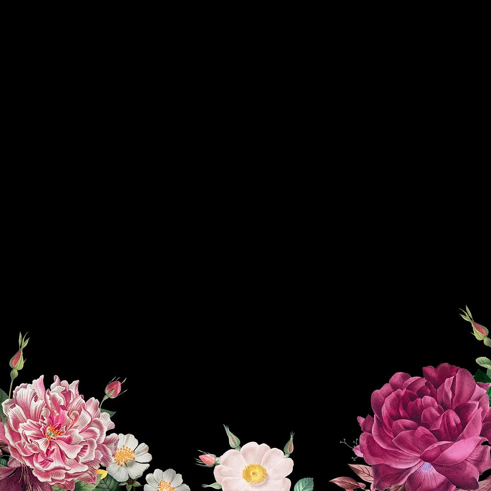 Vintage watercolor flower border, black background illustration
