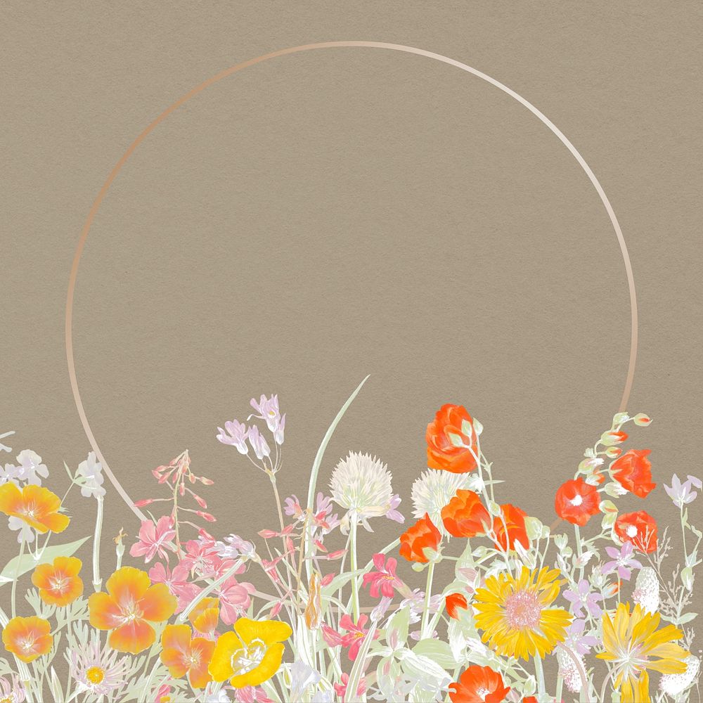 Blooming flower border, round gold frame illustration