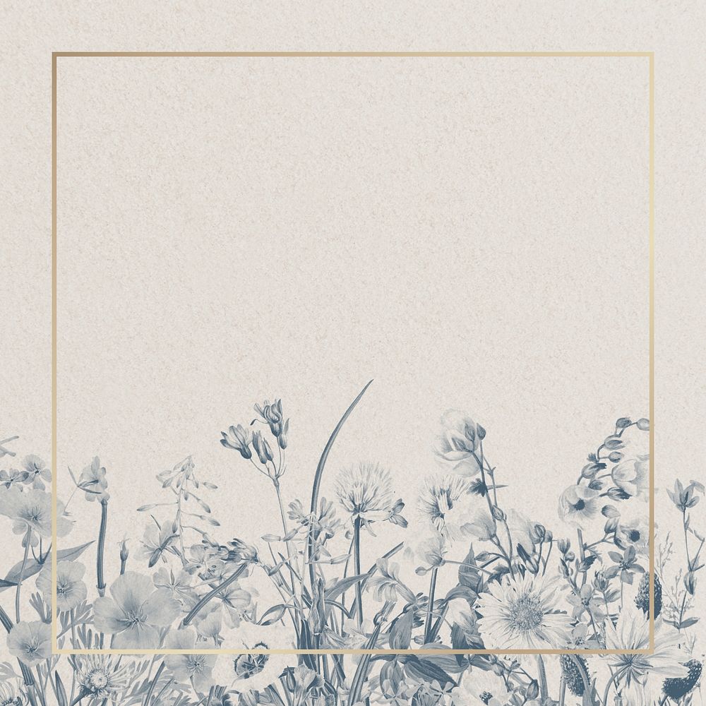 Blooming flower border, gold frame illustration