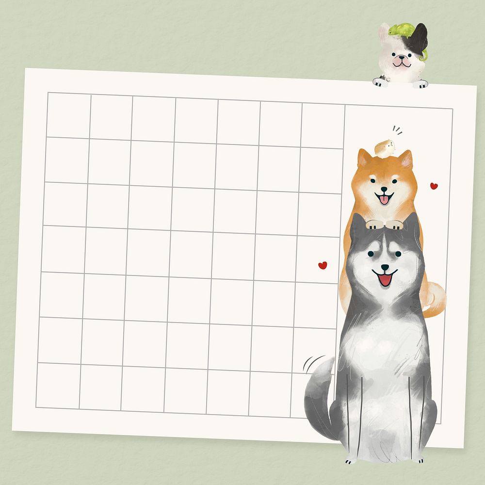 Grid notepaper, cute dogs border illustration