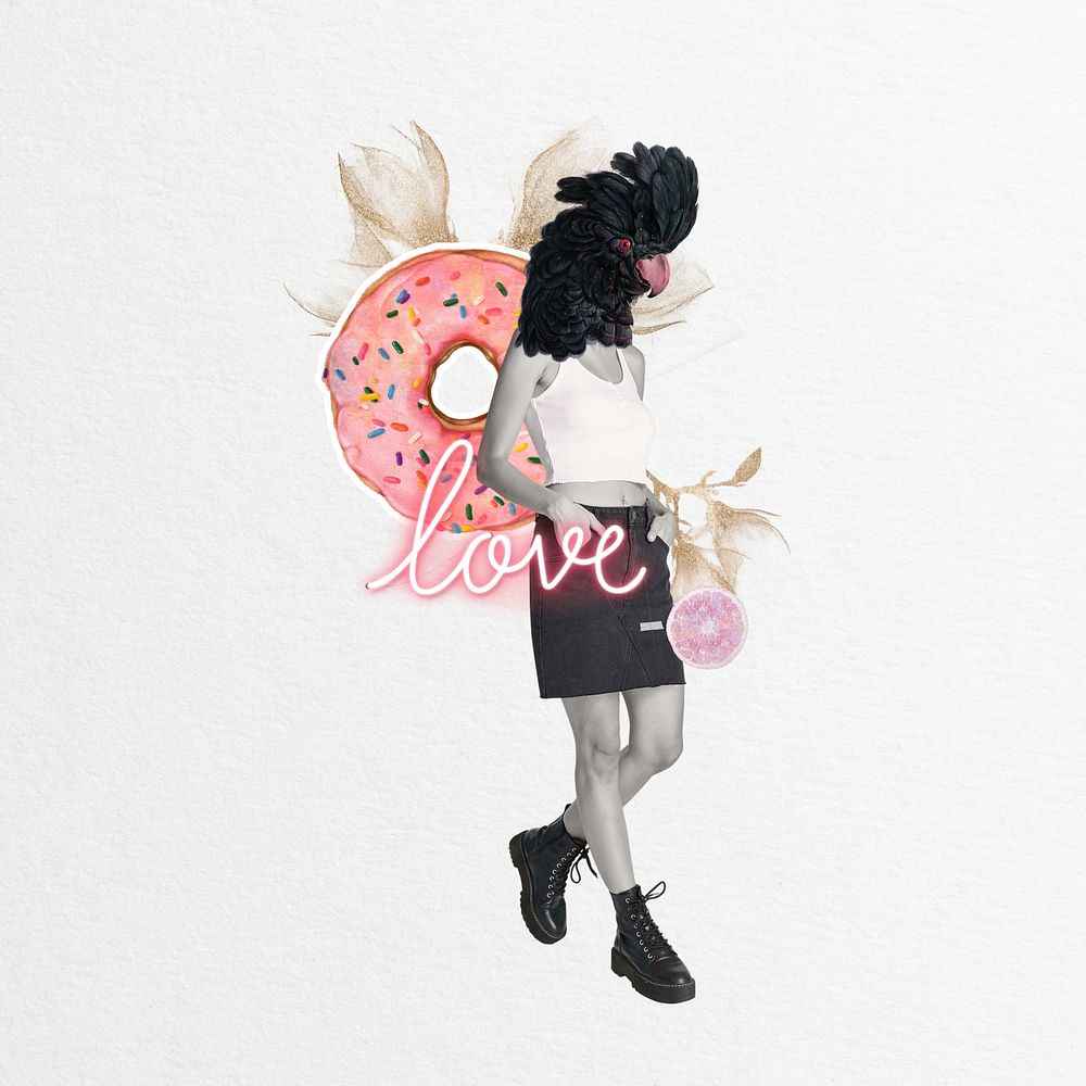 Cockatoo anthropomorphic bird remix collage art with donut and gold flower 