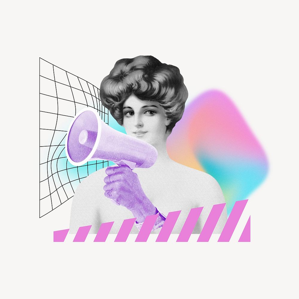 Woman holding megaphone, creative announcement remix