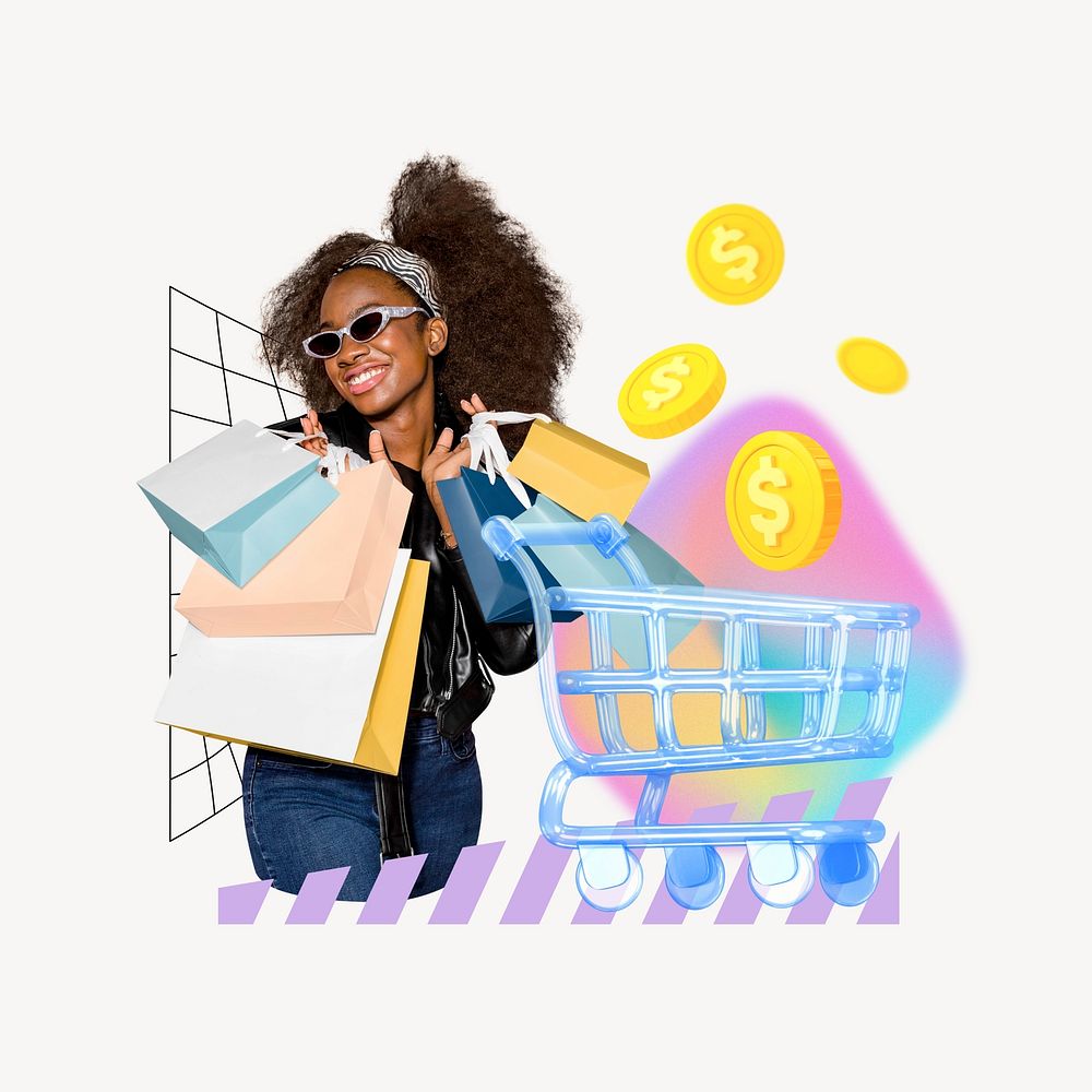 Happy woman shopping, creative remix
