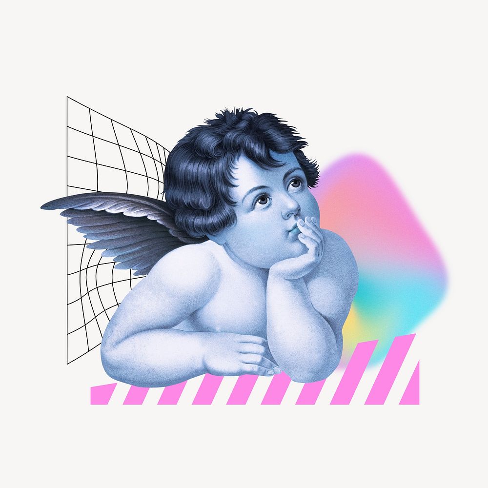 Thinking cherub illustration, creative remix