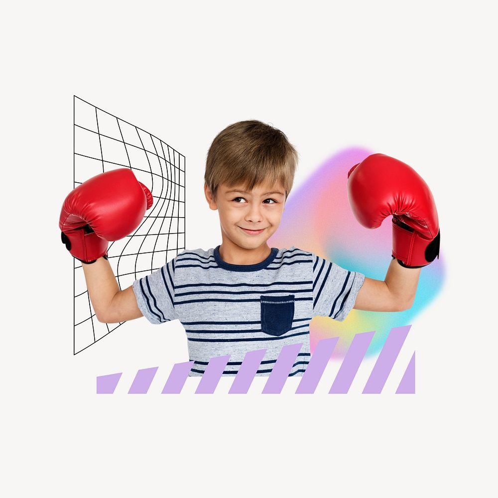 Boy wearing boxing glove, sport hobby remix