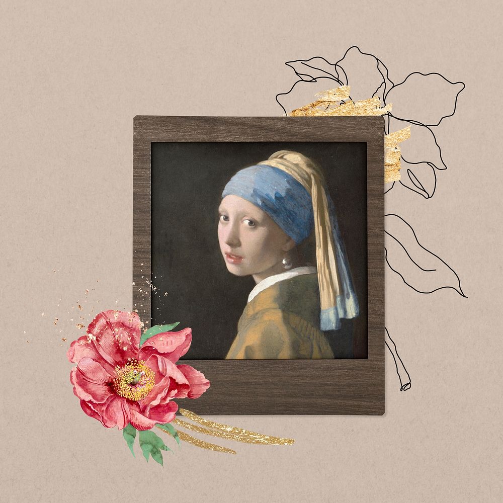 Girl with a Pearl Earring by Johannes Vermeer, floral instant film frame. Remixed by rawpixel.