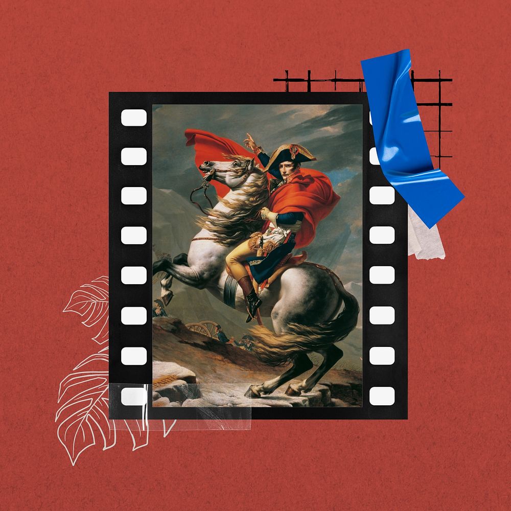 Napoleon Crossing the Alps by Jacques-Louis David in film frame. Remixed by rawpixel.