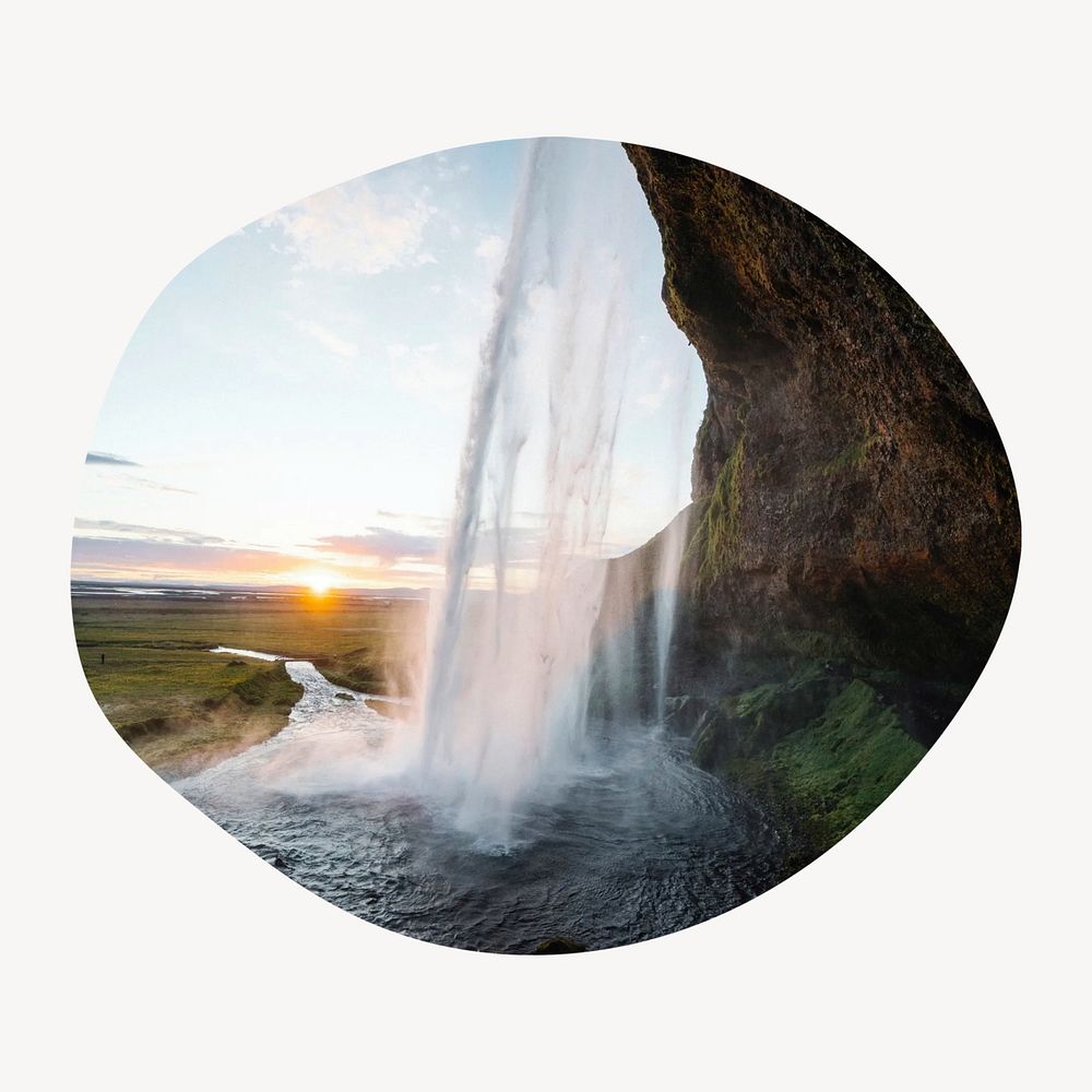 Iceland waterfall badge isolated on white background