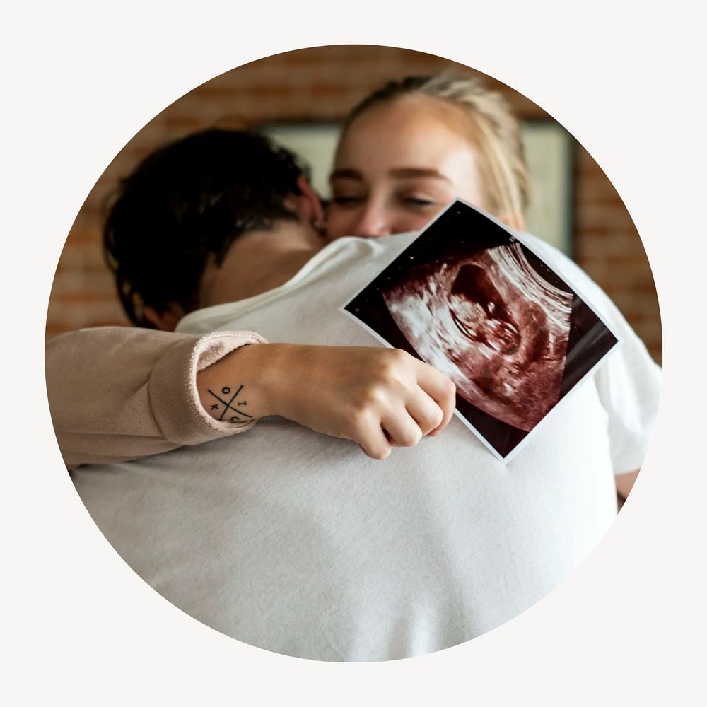 Baby ultrasound, hugging circle badge isolated on white background