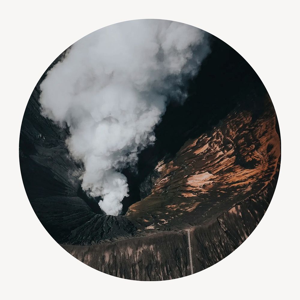 Volcano mountain, dark circle badge isolated on white background
