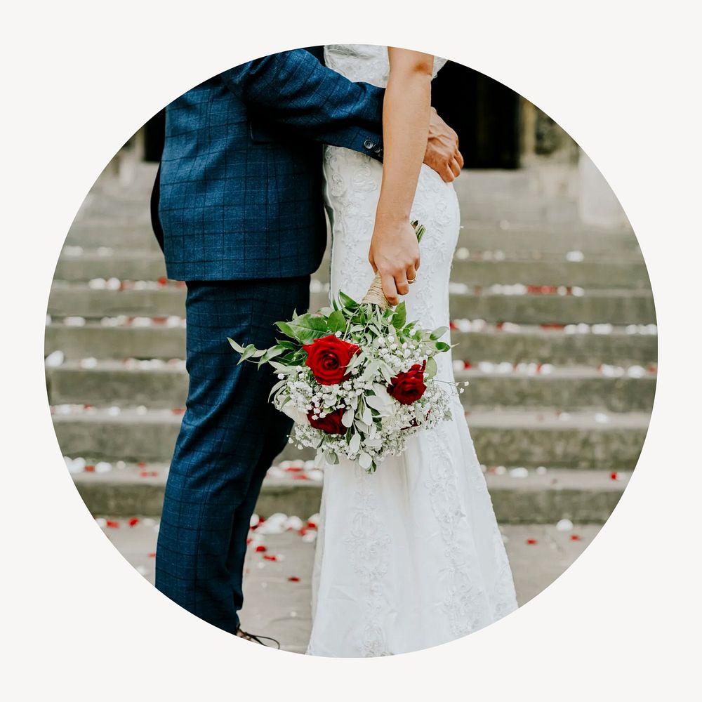 Couple hugging, wedding circle badge isolated on white background