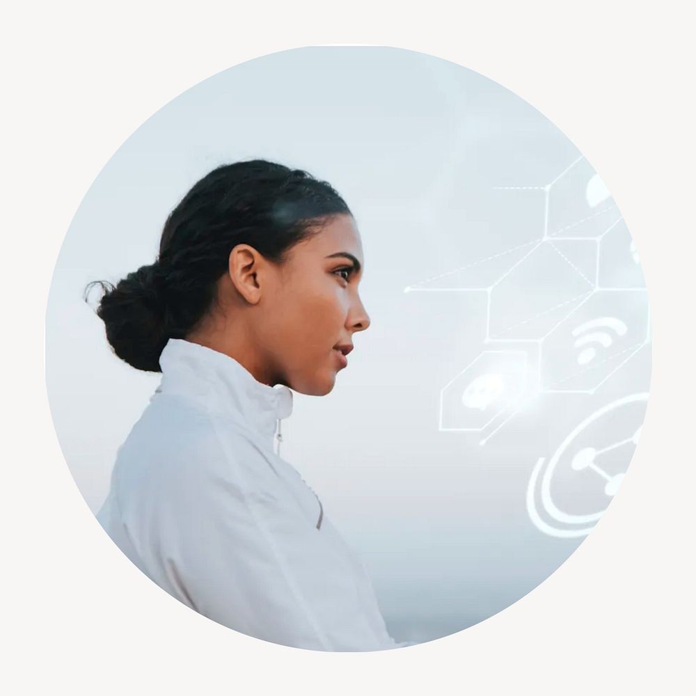 Hispanic woman, technology circle badge isolated on white background