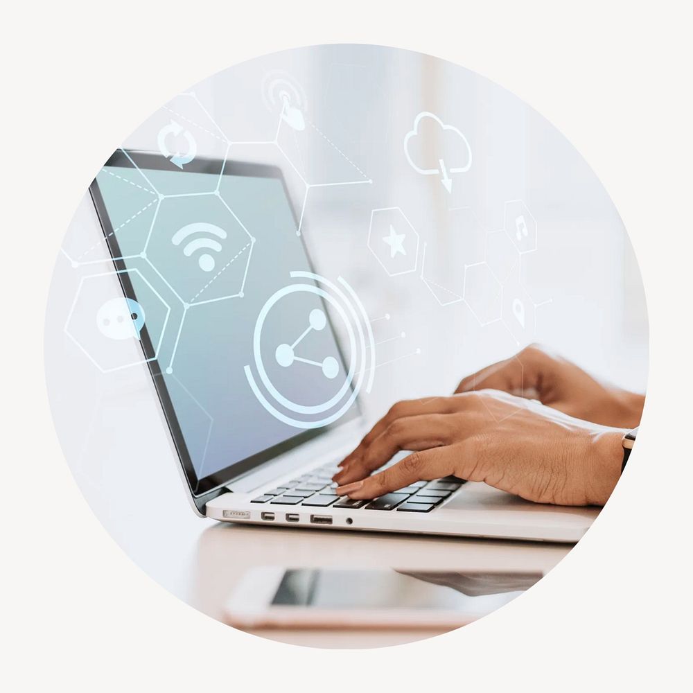Laptop, technology circle badge isolated on white background