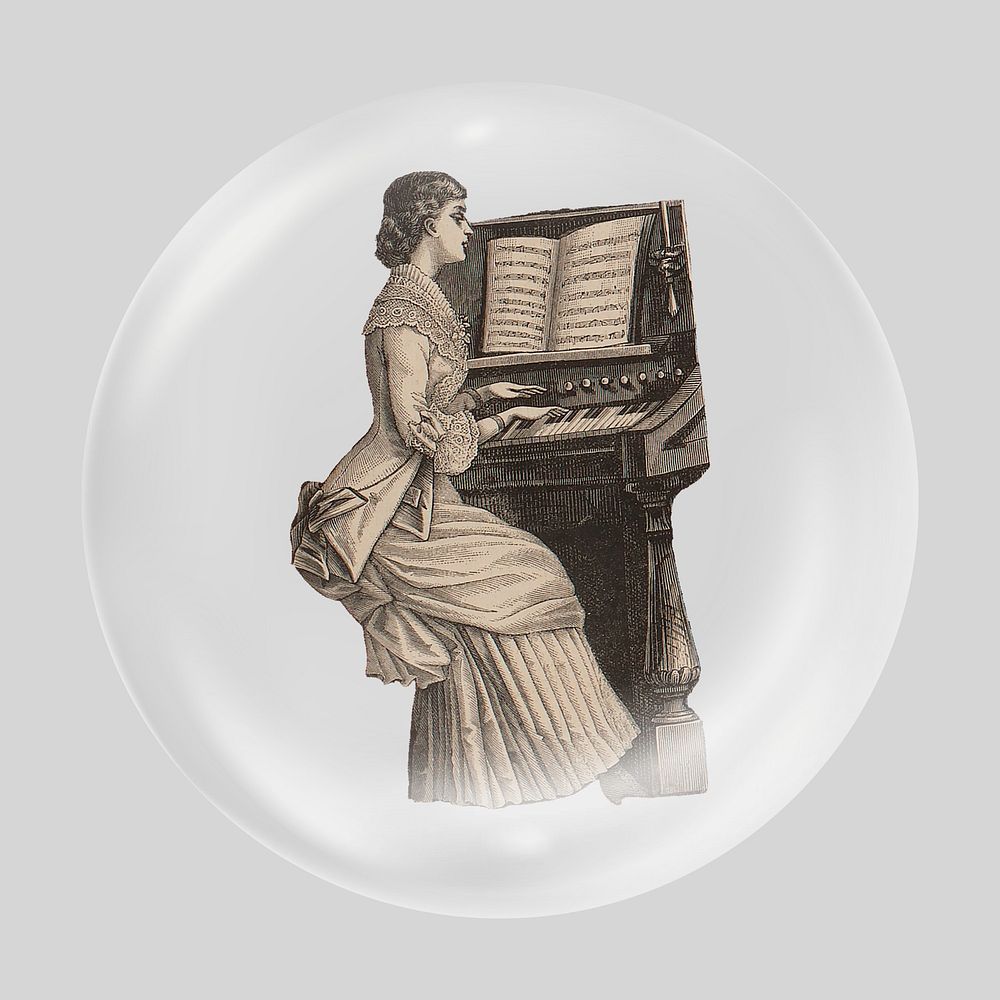 Woman playing piano in bubble. Remixed by rawpixel.